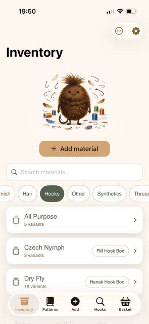 Inventory view with material categories and search