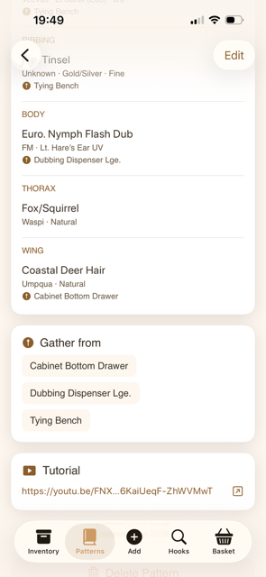 Pattern materials list with storage locations and tutorial link
