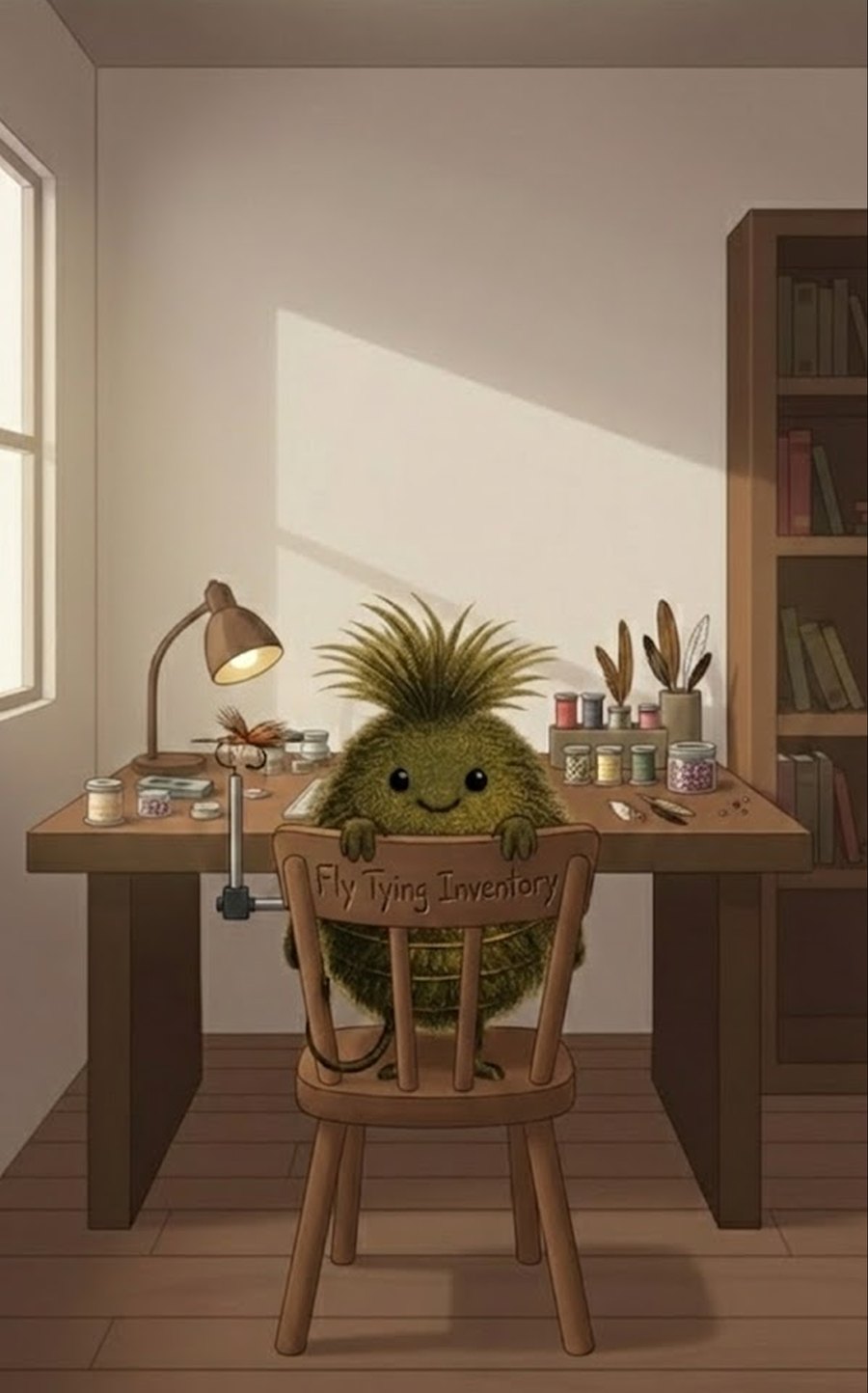 The Woolly Bug mascot at its fly tying bench